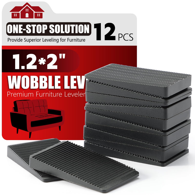 Furniture Leveler 12pcs Kit Size Variety | Multi-Purpose Rubber Shim for Leveling Feet Stable | Anti-Wobble Pad for Uneven Table, Dresser Leg, Toliet and More Furniture | Prevent from Wobbling 2.0*1.2*0.25inch Black-12pcs