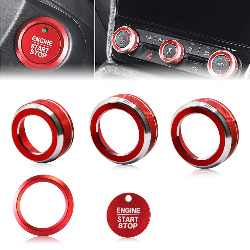 for Ford Ranger 2024 2025 2026 Aluminum Air Conditioning Knob, Start/Stop Button Ring, 5-Piece Set (red) red