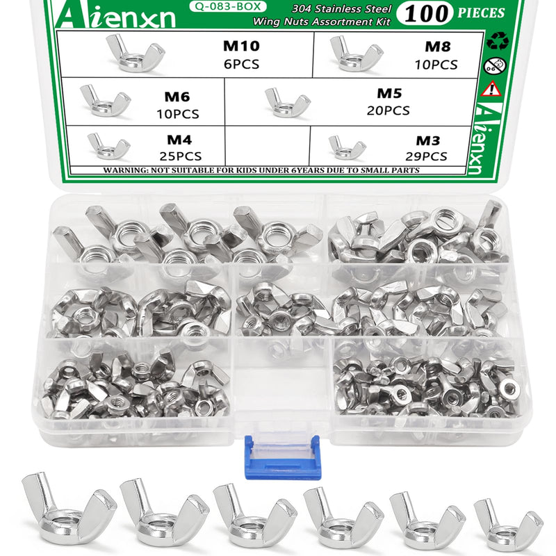 100PCS Metric Sizes Wing Nuts Assortment Kit, 304 Stainless Steel M3, M4, M5, M6, M8, M10, Parts Butterfly Wing Nut, Wingnuts Fasteners M3 -M10 (100PCS)