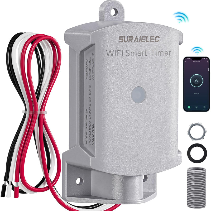SURAIELEC 35 AMP Wi-Fi Smart Timer Switch for Outdoor Electrical Boxes, 120-240V Power Control, Power Distribution Waterproof Junction Box, RV Outlet, Pool Light, Security System, Holiday Decorations