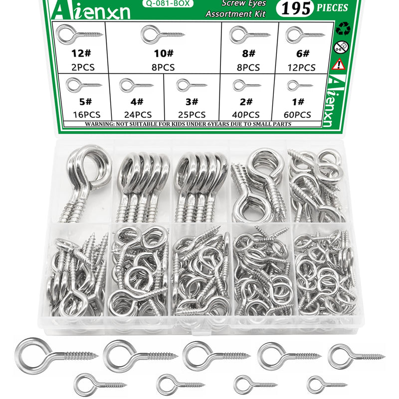195PCS Silver Eye Screws Assortment Kit- 0.75", 0.78", 0.90", 1", 1.1", 1.18", 1.39", 1.57", 1.75" Nickel Plated Small Eye Hooks Screw, Eyelet Screws, Eye Screws for Wood, Screw Eye 1#-12# (195PCS)
