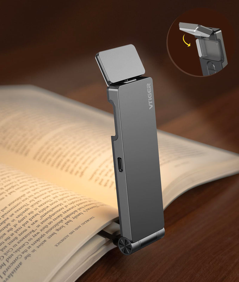 VTIGER Reading Light, USB Rechargeable Book Light for Reading in Bed,Foldable Clip-on LED Booklight, 3 Amber Colors & 4 Brightness Dimmable,Long Lasting Portable Bookmark Lamp for Book Lovers, Kids Gray