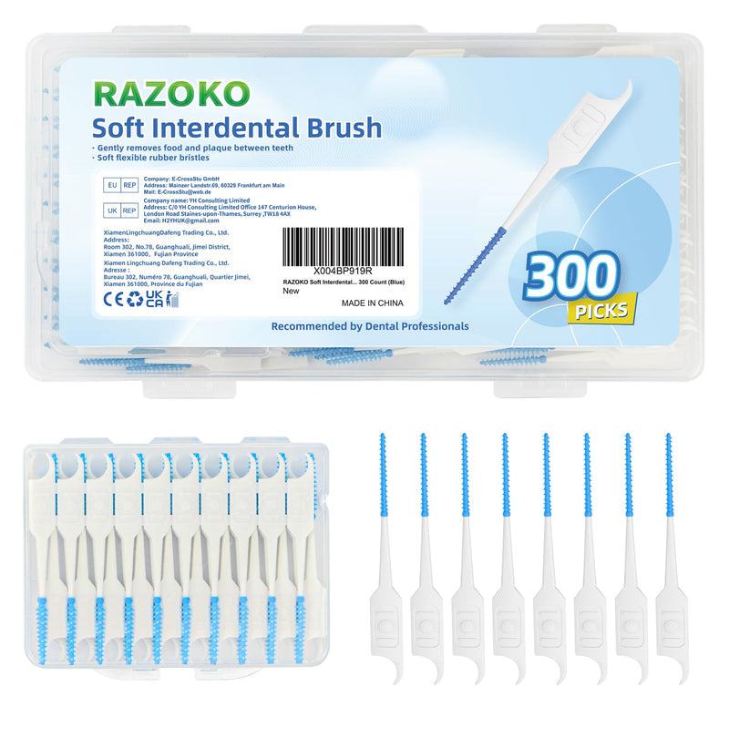 RAZOKO Soft Interdental Brushes Original, Dental Picks for Cleaning Teeth, Disposable Interdental Brushes, with Convenient Carry Case (Blue, 300 Count) Blue 300 Count (Pack of 1)
