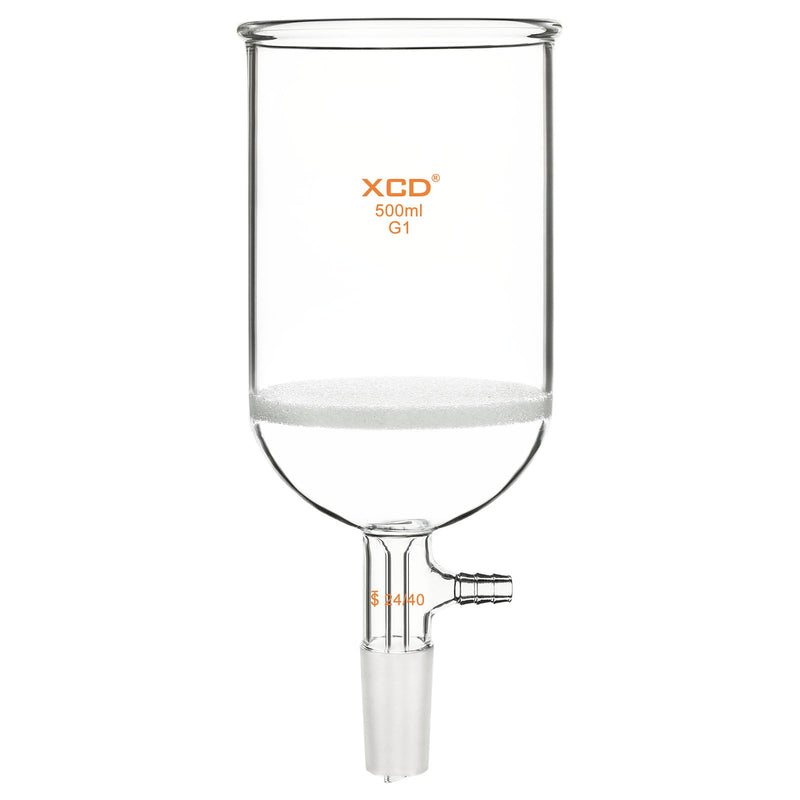 XCD Buchner Funnel with Coarse Frit (G1), 500 ml Borosilicate Glass Buchner Filtering Funnel 24/40 Joint with Vacuum Serrated Tubulation, 94mm ID, 100mm Depth