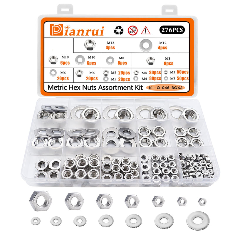 Dianrui 276PCS Metric Hex Nuts Assortment Kit with Flat Washers, 7 Size Nuts and Flat Washer Set (M3 M4 M5 M6 M8 M10 M12) 304 Stainless Steel Hardware Hex Nut for Screw Bolt 276PCS Metric Kit (M3—M12)