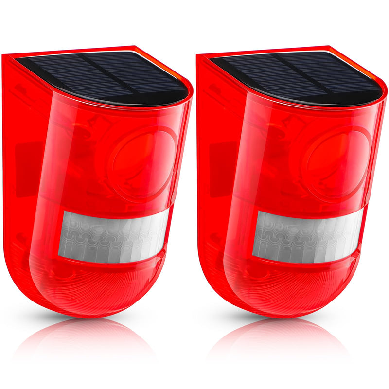 Qualirey 2 Pack Solar Sound and Light Alarm Motion Sensor 129db Outdoor Security Siren Waterproof Motion Activated Detector Alarm 6 LEDs Flash Warning Strobe System for Home, Farm (Red) Red