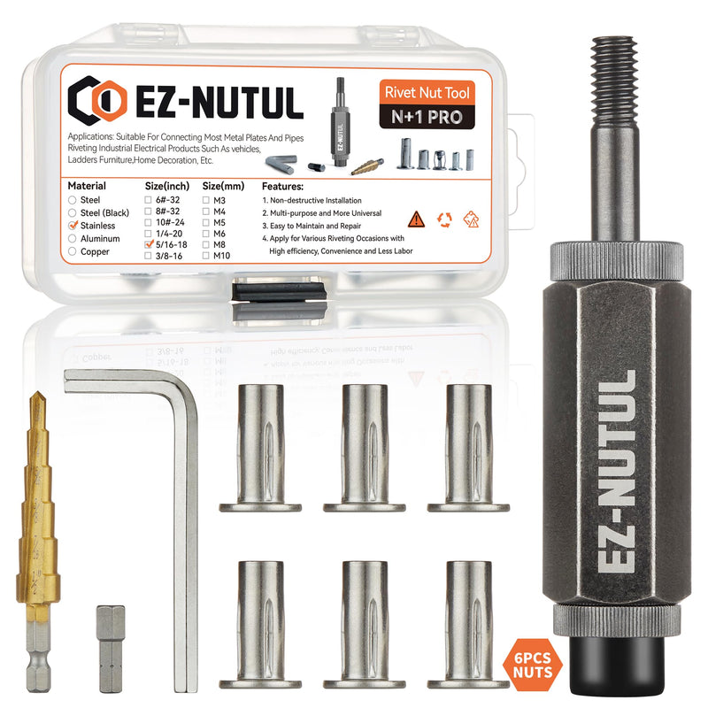 Multi-Grip Rivet Nut Installation Tool Set Pre-Bulbed Shank Flat Head Threaded Insert Nut Plus Nuts Assortment Kit Cross Rivnut for Construction Industrial (5/16-18(Plus Nut Tool-6pcs, Stainless)) 5/16-18(Plus Nut Tool-6pcs, Stainless)