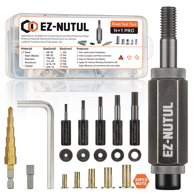 Multi-Grip Rivet Nut Installation Tool Set Pre-Bulbed Shank Flat Head Threaded Insert Nut Plus Nuts Assortment Kit Cross Rivnut for Construction Industrial (Metric Plus Nut Tool Assortment) Mertic Plus Nut Tool Assortment