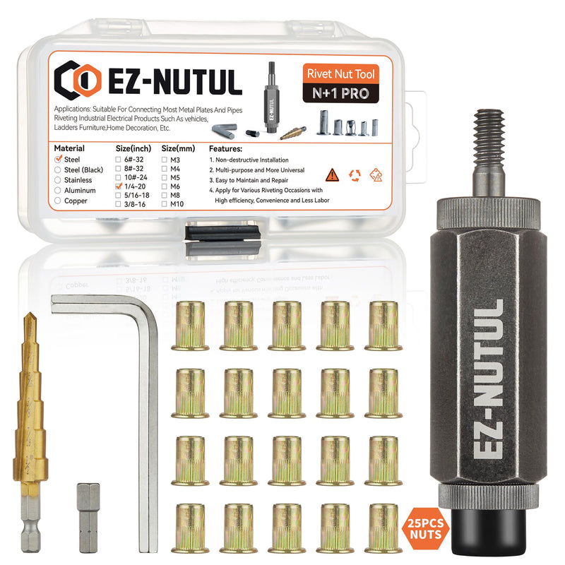 Rivet Nut Installation Tool Set Flat Head Rivnut Threaded Insert Nut Kit SAE & Metric for Metal Heavy Duty Zinc Plated Nutsert (1/4-20(Rivet Nut Tool-25pcs)) 1/4-20(Rivet Nut Tool-25pcs)
