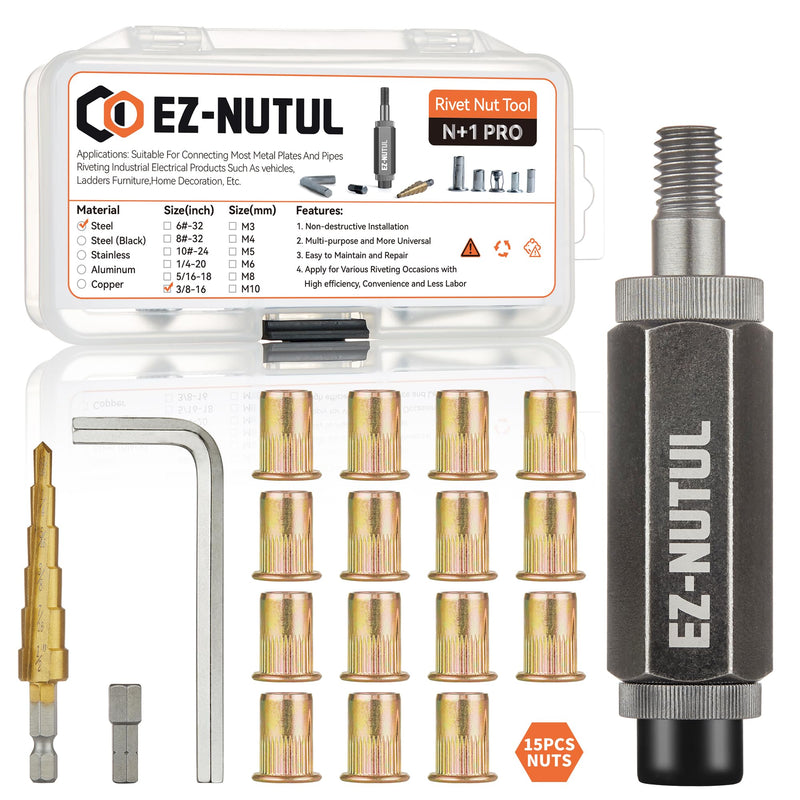 Rivet Nut Installation Tool Set Flat Head Rivnut Threaded Insert Nut Kit SAE & Metric for Metal Heavy Duty Zinc Plated Nutsert (3/8-16(Rivet Nut Tool-15pcs)) 3/8-16(Rivet Nut Tool-15pcs)