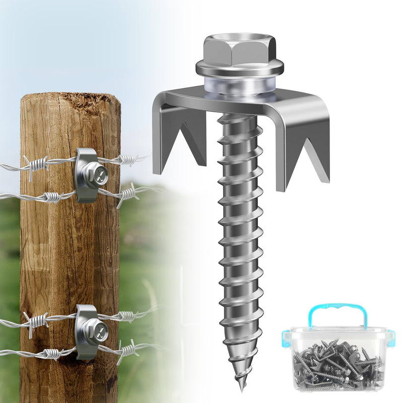 50 Pcs Fence Staples for Wire Fencing, Fence Fasteners for Wire Fence，Fencing Screws for Softwoods, Reuse Fence Nails, Wire Fence Staples with Hex Adapter- Stainless Steel 50 PCS