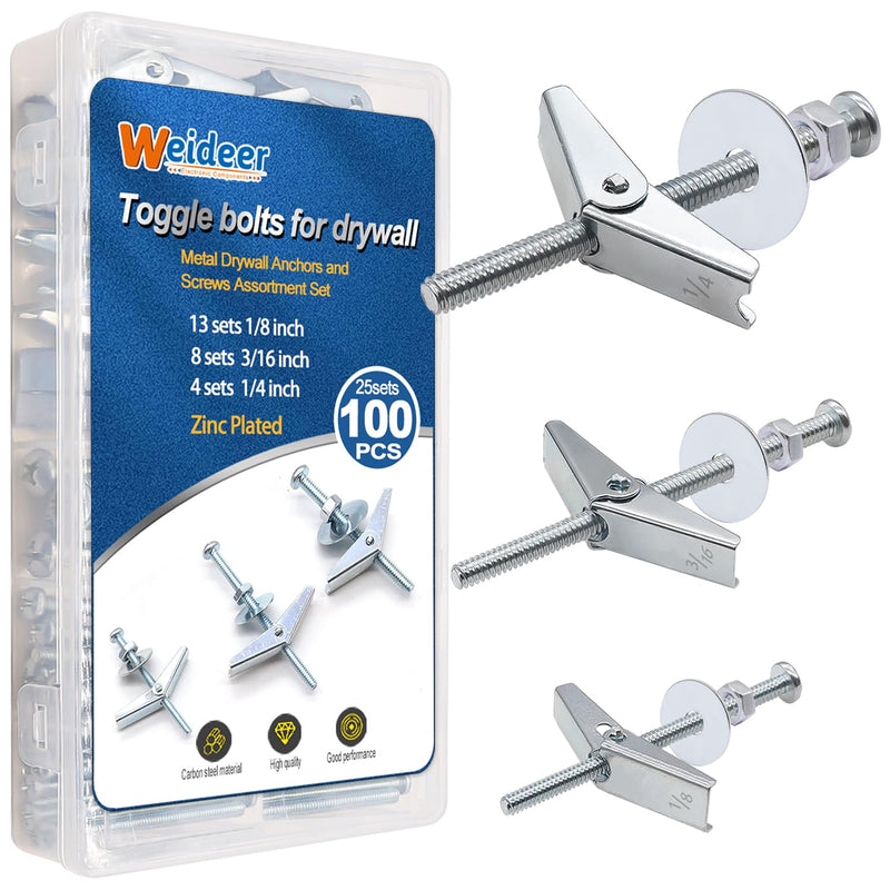 weideer 100Pcs Toggle Bolts 1/8" 3/16" 1/4" Heavy Duty Drywall Anchors and Screws Assortment Set Toggle Bolts and Wing Nut Kit with Nuts washers (25sets) K-136 Toggle Bolts+Nuts washers