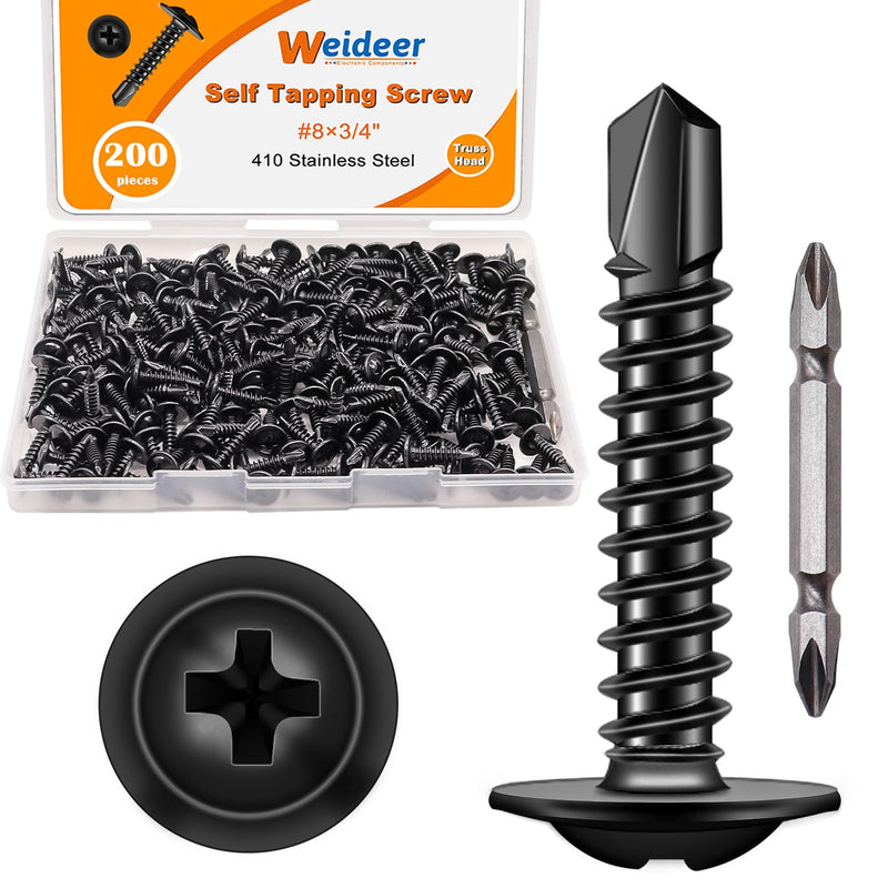 weideer 200pcs #8×3/4" Self Tapping Screws for Metal, Sheet Metal Screws, 410 Stainless Steel Black Oxide Truss Head Screws,Self Drilling Screws,Quick Tapping Screw with Screwdriver Bit #8x3/4"
