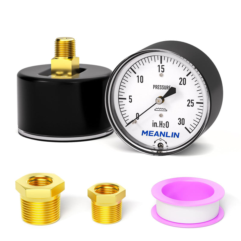 MEANLIN MEASURE 0-30 in H2O Diaphragm Type Capsule Low Pressure Gauge 1/4" NPT 2-1/4" FACE DIAL Adjustable Water Column Gauge, with 1/2" NPT and 3/8" NPT Hex Bushing, Back Mount 0~30 in H2O