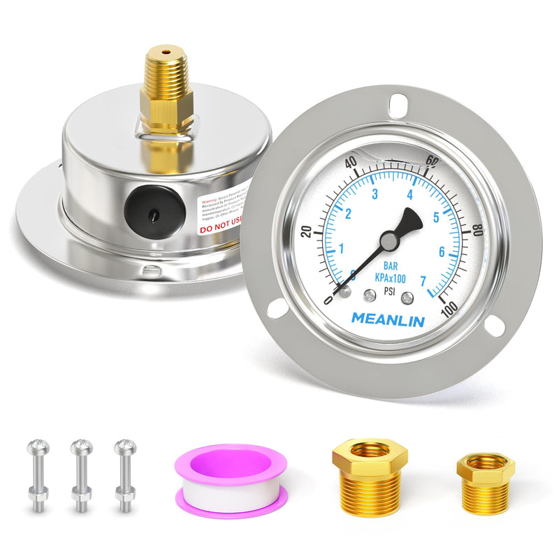MEANLIN MEASURE 0~100Psi Liquid Filled Pressure Gauge Front Flange Panel Mount, 1/4" NPT 2.5" FACE DIAL Stainless Steel Case with Phillips Screw and Nut, +/-3-2-3%