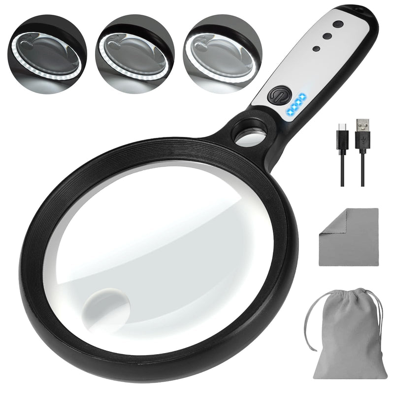 Large Magnifying Glass with 37 LED Light, 10X 20X 45X Handheld Illuminated Lighted Magnifier with 3 Light Modes Rechargeable Magnifying Glass for Seniors Reading, Inspection (Black & White) Black & White Magnifier with Light (No Case)