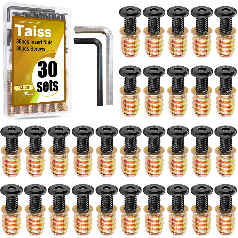 Taiss 30 Sets 1/4-20 x 3/4" Furniture Screw Nut Threaded Inserts for Wood,1/4-20 x 19/32" Nut Threaded Wood Inserts Bolt Fastener Connector Hex Socket Drive Screw-in Nuts with Hex Spanner 1/4-20 x 3/4"