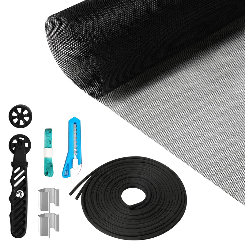 Window Screen Repair Kit, 48"x118" Screen Door Mesh Replacement Kit, Durable Fiberglass Black Window Screen kit with Tools, Rolling, Hook, Spline, Clips for Windows Doors Patio and Porch