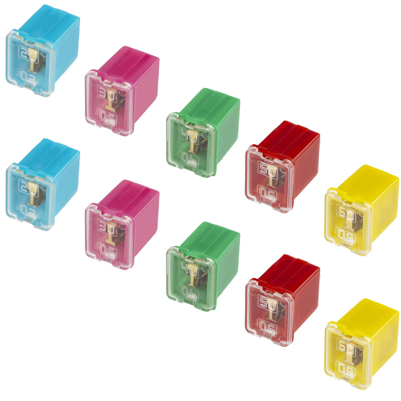 10 PCS Versatile Automotive Fuse Assortment Low Profile Box Shaped Micro Cartridge Fuses Kit for Pickup Trucks Cars and SUVs (20 A/30 A/40 A/50 A/60 A, 2 PCS Each) 10 Low