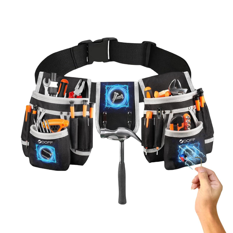 DOFF Men's Black Tool Belt - Heavy Duty Utility Belt with Removable 26 Pockets, Magnetic Tool Pouch, Tool Belt for Electricians and Carpenters, Multi-Purpose Tool Belts for Men and Women Medium