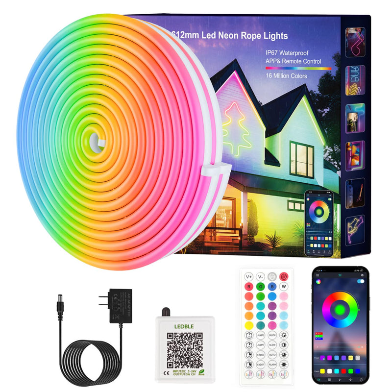 Neon Rope Lights, JIAMEI 20FT RGB LED Strip Lights, App Control, IR Remote, Music Syncing, Outdoor IP67 Waterproof, Flexible Neon Strip Lights Cuttable for Bedroom, Gaming, Party, Outdoors Decor