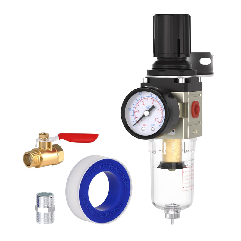 1/4"NPT Air Filter Regulator Combo Piggyback,5 Micron Brass Element, Manual Drain,Air Pressure Regulator AW2000-02,0-150 psi Gauge 1/4"NPT Manual