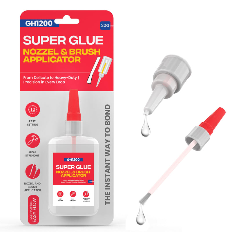 GH1200 (2-in-1) Super Glue with Brush Applicator & Nozzle, Mess Free Superglue Brush, Instant Glue Never Dries, 3000 CPS Cyanoacrylate Glue, No Stain Clear Glue, Super Glue for Plastic, Rubber & More 20g Super Glue with Nozzle & Brush