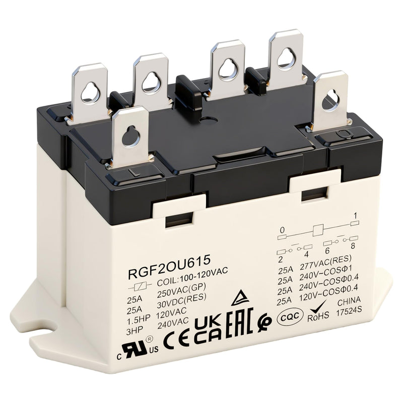 General Purpose Relay, RGF2OU615, 25A 100-120VAC Coil Voltage, 6Pin Double Pole Single Throw Normally Open Contacts, UL Certification 1 AC 110V