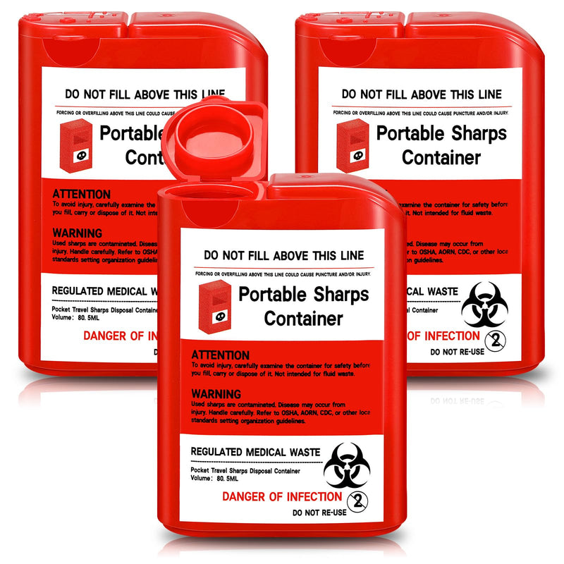 Baderke 3 Pcs Pocket Travel Sharps Disposal Container, 80ml Sharps Container Small Needle Disposal Portable Biohazard Syringe Container for Home Travel Diabetic Supplies Red