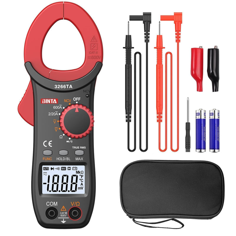 BINTA Digital Clamp Meter, 2000 Counts 600A AC Multimeter with NCV, TRMS Auto Range, 600V AC/DC Amp Voltage Tester with Ohm Measures, Capacitance Resistance Diodes, Non-Contact Voltage Detection