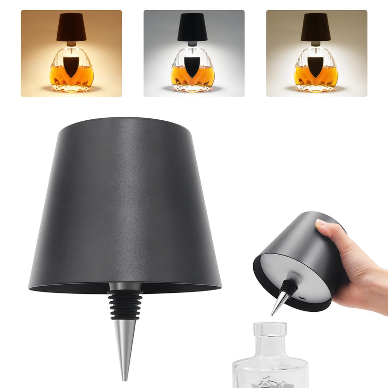 Wireless Bottle Lamp, Adjustable Brightness 3 Color Wine Bottle Light with 2500 mAh Battery, Touch Control Rechargeable Metal Waterproof Table Lamp for Dining Room/Bedroom/Bar, Black Black 3 Color 1PCS