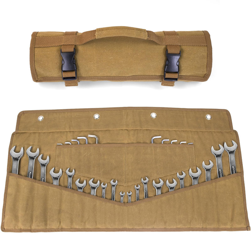 Wrench Roll 32 Pockets, Heavy-Duty 16 oz. Waxed Canvas Wrench Roll Up Bag Holds Wrench Wrap for Metric and SAE Wrenches, Wrench Pouch with Buckles and Handle, Sturdy Wrench Tool roll (Khaki) Khaki