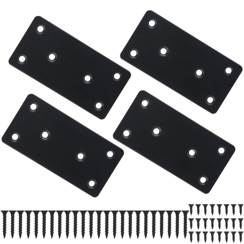 Mending Plate, Metal Steel Flat Straight Brace Bracket, Black Double-Wide Joining Plate for Wood Furniture Fastening & Fixing with 2 Sets of Screws of Different Lengths(50x100mm, 4 Pack) 2"×4"/50*100mm