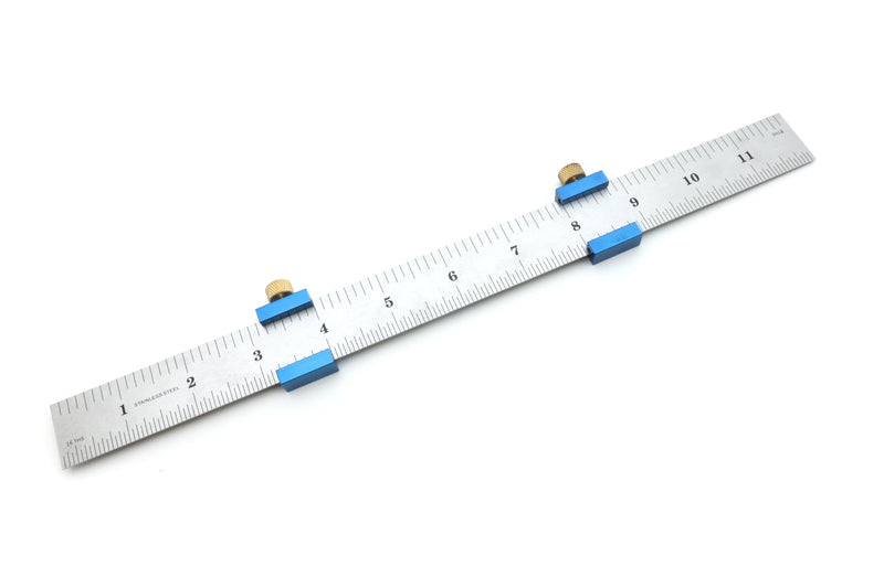 Taytools Anodized Aluminum Ruler Stops on 12” Stainless Steel Machinist Ruler with 1/8th, 1/16th, 1/32nd, & 1/64th Inch (4R) Graduations