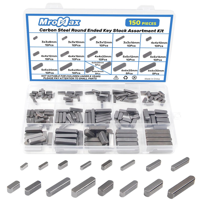 MroMax 150Pcs Round Ended Feather Key 16 Sizes Parallel Drive Shaft Keys Set Carbon Steel Key Stock Assortment Keyway for Golf Carts, Go Carts, Tablesaw Motor Pulley and Smaller Engines(8mm-30mm)