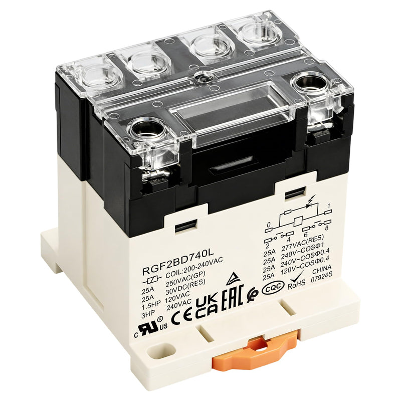General Purpose Relay, RGF2BD740L, 25A 200-240VAC Coil Voltage, 6Pin Double Pole Single Throw Normally Open Contacts, with LED Indicator Light and Protection Cover, 35mm DIN Rail Mount 1 AC 220V