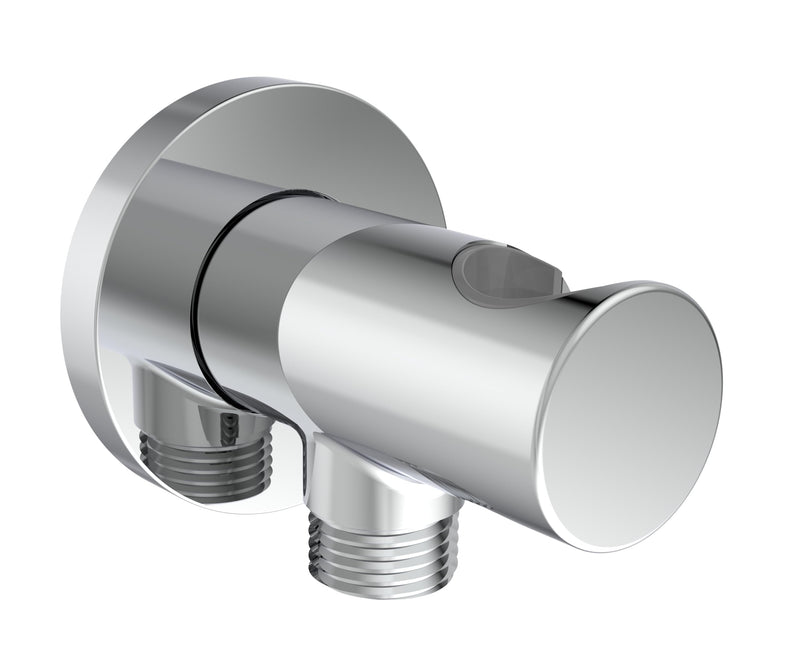 Wall Supply Elbow with O-Ring Flange, Tapered 1/2 NPT Female Inlet, Solid Brass Wall Union With Handshower Holder, Round Wall Supply Elbow With Hand Held Shower Head Bracket, Polished Chrome