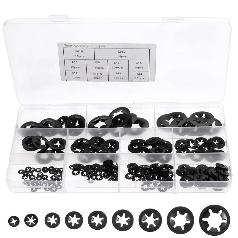 265PCS 9 Sizes Internal Tooth Star Lock Washers, Large Quick Speed Push On Lock Washers, Black Hardware Nuts Kit, Push Nuts Assortment