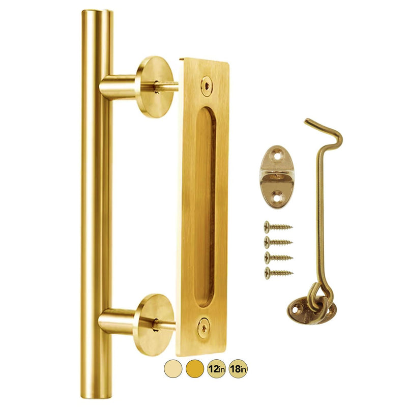 Rio Salto 12-Inch Gold Barn Door Handle Kit with Latch Lock Set Closet Brass Finish Pull Handle Flush Handles Hardware Large Sliding Door Handles 1-Door (Gold - 1Pack w/Lock)