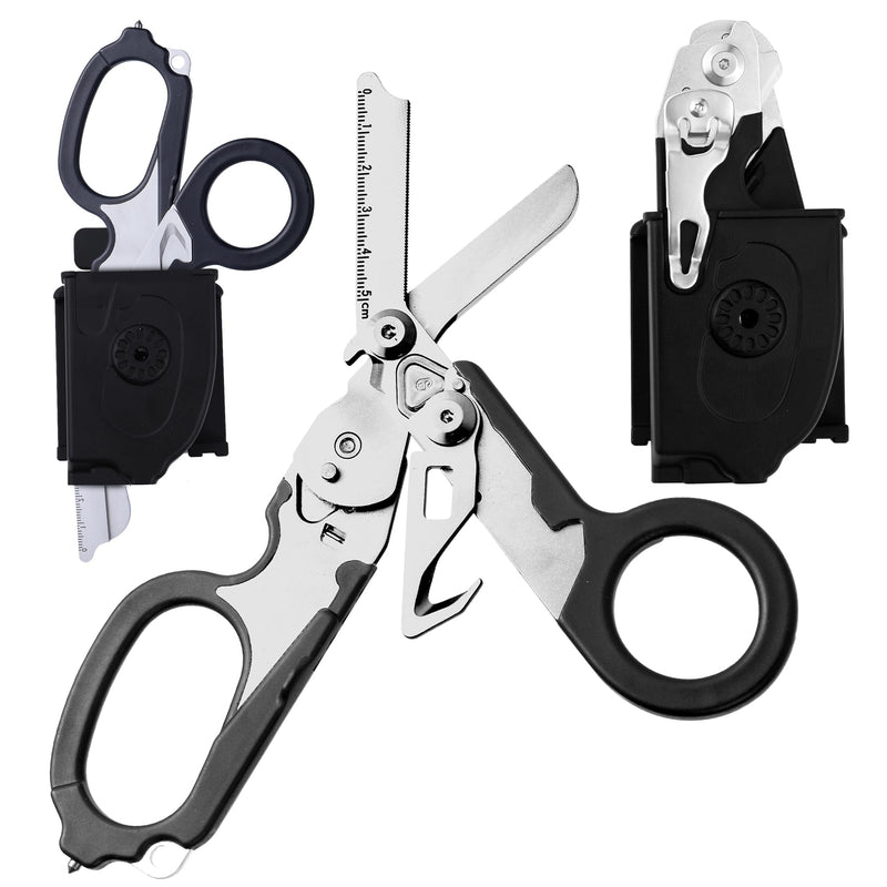 6 in 1 Multipurpose Emergency Trauma Shears Scissors with Holster , Outdoor Camping Rescue Tools with Glass Breaker , Strap Cutter Stainless Steel Foldable Scissors Pliers Black