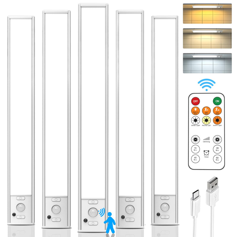 Under Cabinet Lights,12'' Rechargeable Battery 350 Lumens Motion Sensor Indoor Light Wireless Counter Light,3 Color Temperature Dimmable Closet Lighting with Remote Control for Kitchen,Stairs,Wardrobe White 5 Pack