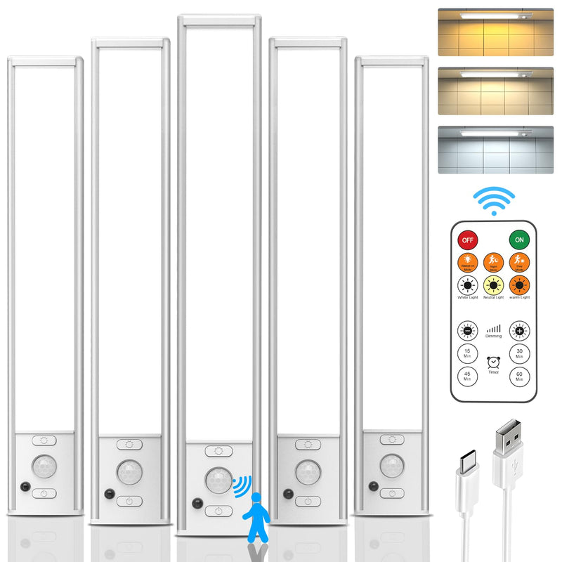 Under Cabinet Lights with Remote Control, USB Rechargeable Battery 180 Lumen Motion Sensor Indoor Light,5 Pack Wireless Under Counter Light,3 Color Dimmable Closet Lighting for Kitchen,Stairs,Wardrobe White 5 Pack