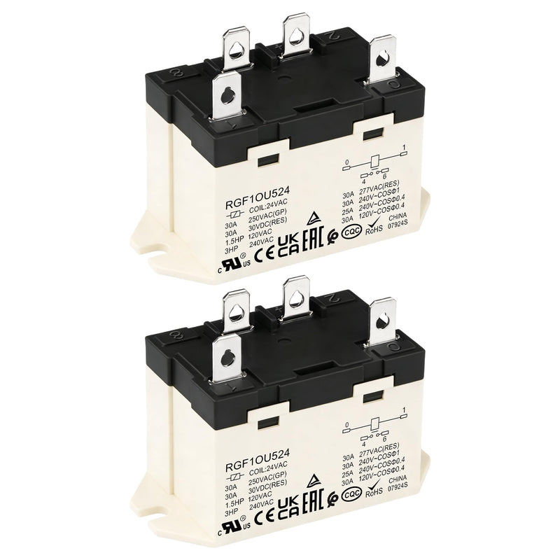 2 Pack General Purpose Relay, RGF1OU524, 30A 24VAC Coil Voltage, 4Pin SPST-NO Contacts, G7L-1A-TUB-CB-AC24, UL Certification 2 AC 24V