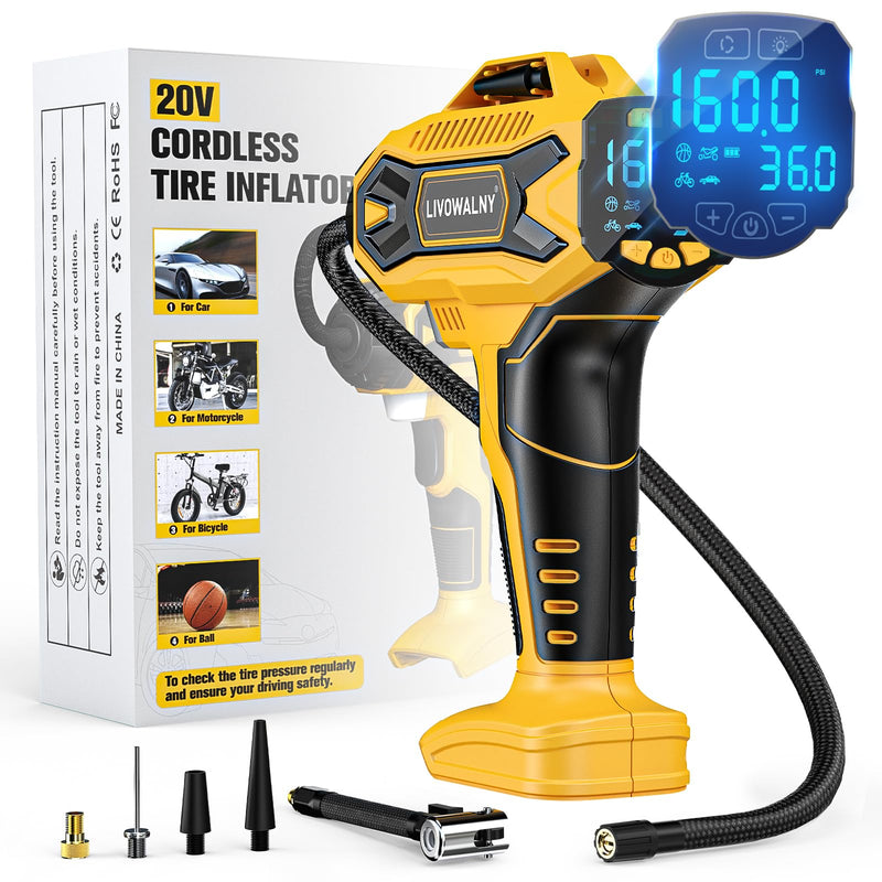 Tire Inflator Air Compressor Compatible with Dewalt 20V Battery, LIVOWALNY 160 PSI Cordless Portable Electric Air Pump 2026 Bigger LCD Digital Pressure Gauge for Car, Bike, Sport Ball (Tool Only) Standing Style Compatible With Dewalt