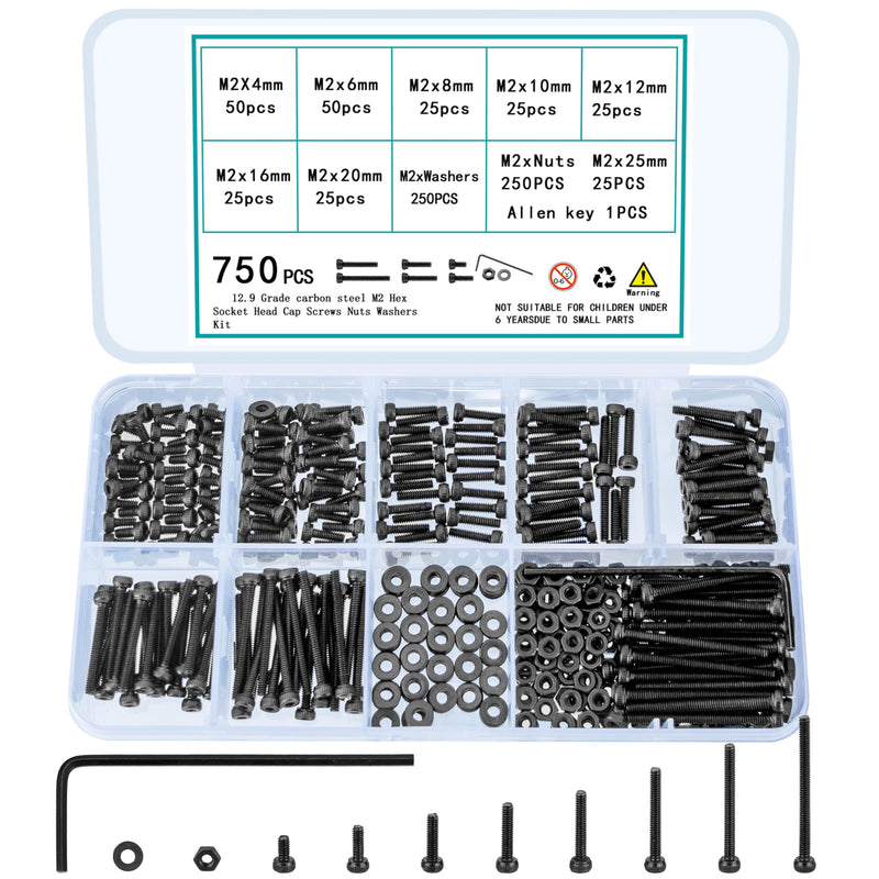 750 Pcs M2 Screws Bolts and Nuts Assortment Kit, Small Hex Socket Head Cap Screws Nuts and Bolts Hardware Fasteners, Black Assorted Machine Metric Screw Assortment Set with Washers 750