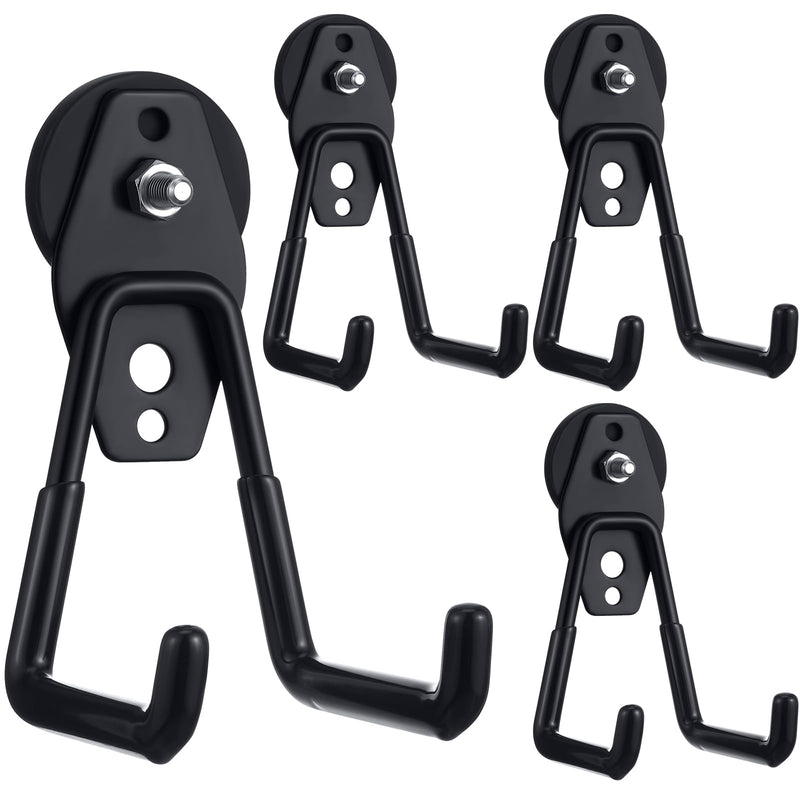 Landhoow 4 Pcs Large Magnetic Hooks Heavy Duty Garage Magnet Hooks Strong Storage Utility Magnetic Hangers with Anti Slip Rubber Coating for Indoor and Outdoor Hanging (Black) Black