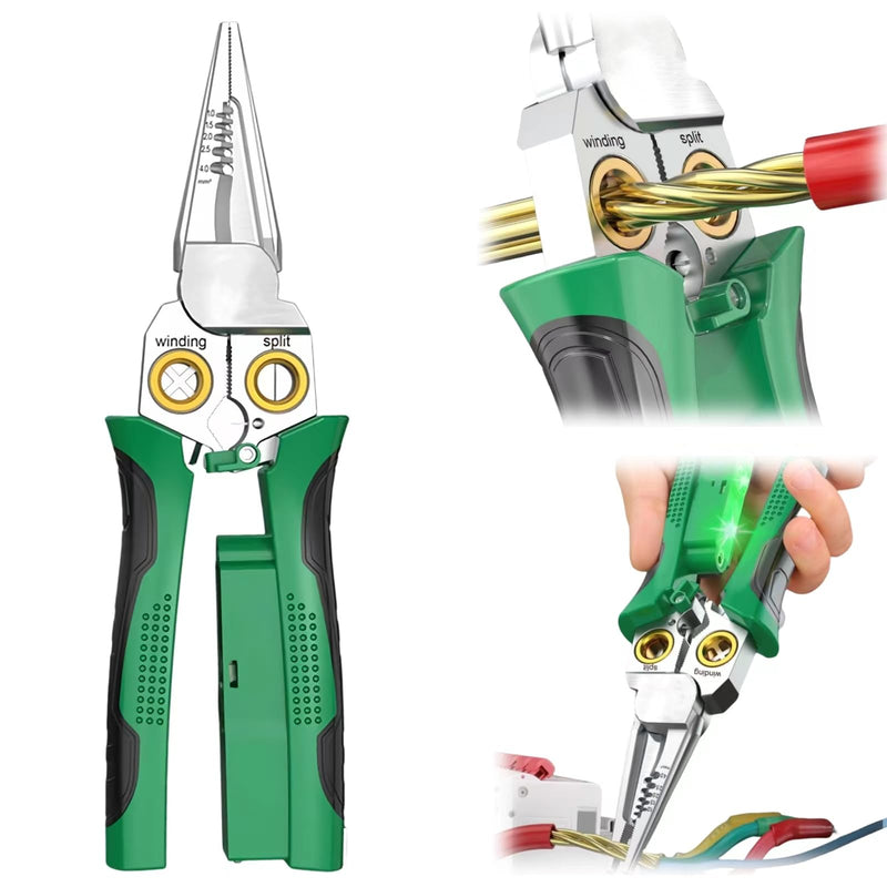 GADO 8in1 Wire Stripper Twister for Cutting and Pulling Wires, Cable Scissors,Voltage Tester Pliers, 12V to 250V Live,Null,Hot Wire Judgment AC DC, Audible and Flashing LED Alarms Green