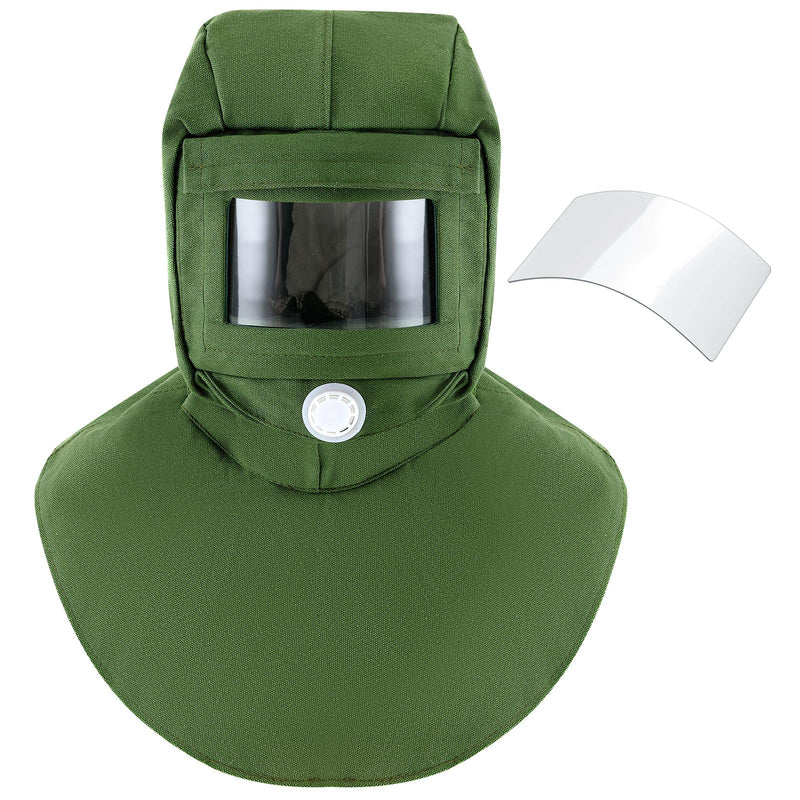 Jecery 2 Pack Sand Blasting Hood Mask with Replacement PC Lens Canvas Shawl Cap for Polishing Painting Dusting Grinding (Short,Green) Short Green