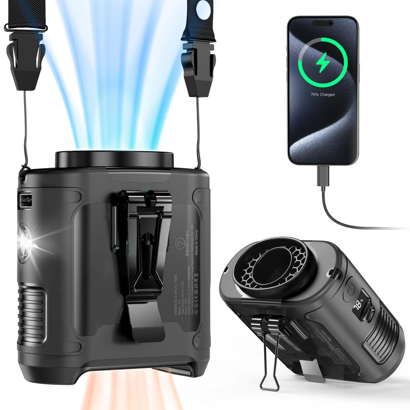 10000mAh Portable Waist Fan, Father's Day Gifts for Dad Husband, Blue Collar Worker Belt Clip Fan with Light, Essentials for Camping Gardening, 40H 16000RPM Rechargeable Cooling Gadgets for Men 2026 Black 10000mAh