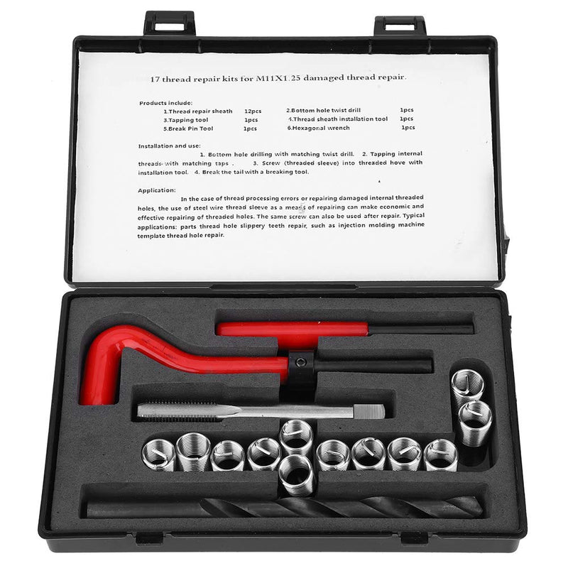 17Pcs Thread Repair Kit, M11 x 1.25 Drill Helicoil Repair Kit Stainless Steel 2D Female Thread Repairing Accessory